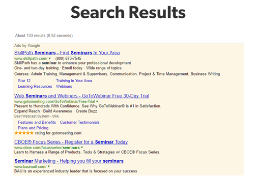 Image of results from Google Custom Search, a free site search with ads.